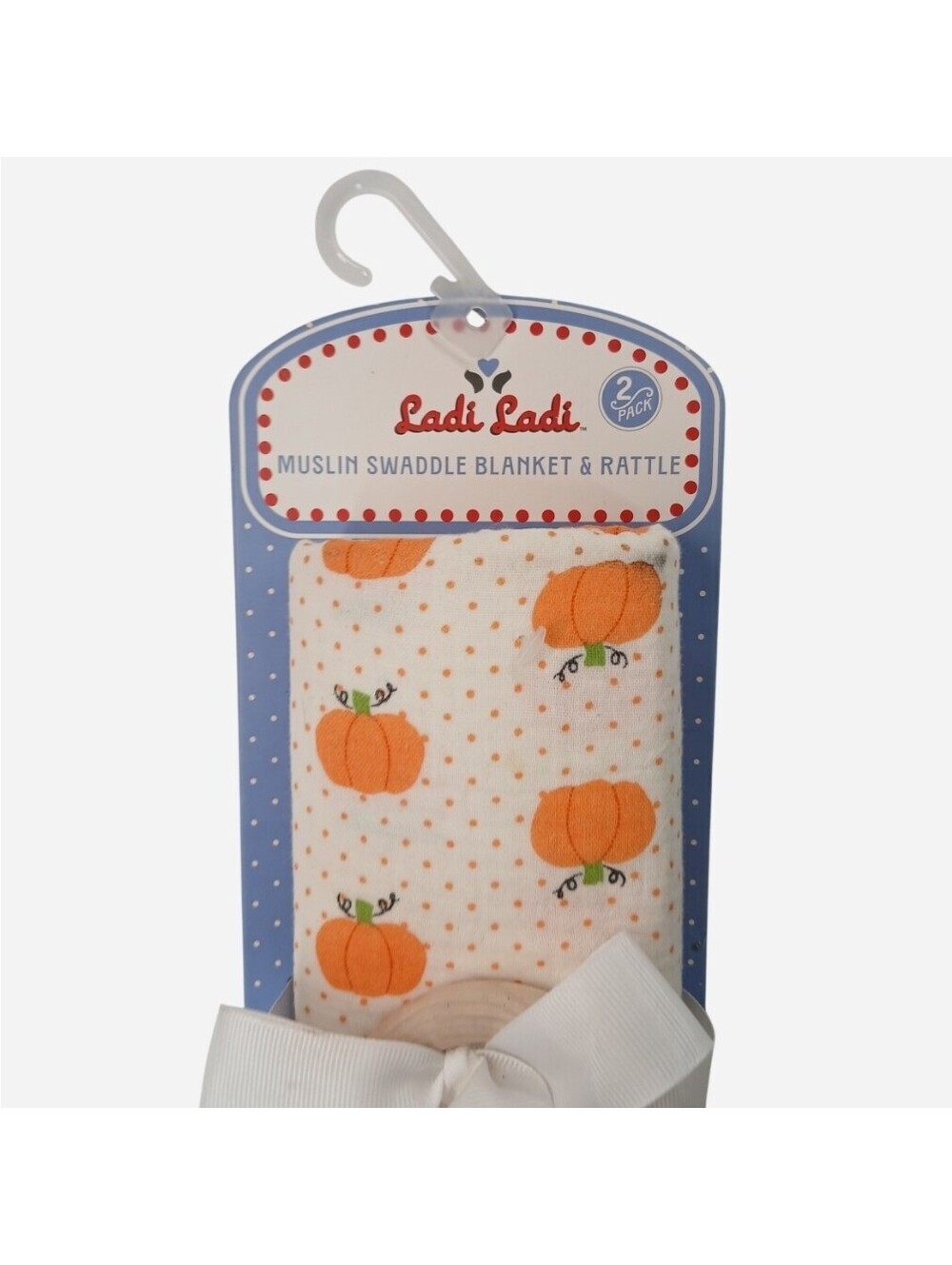 Ladi Ladi Pumpkin Muslin Swaddle Blanket Crochet Wooden Ring Rattle Set 2 Pk - Picture 2 of 5